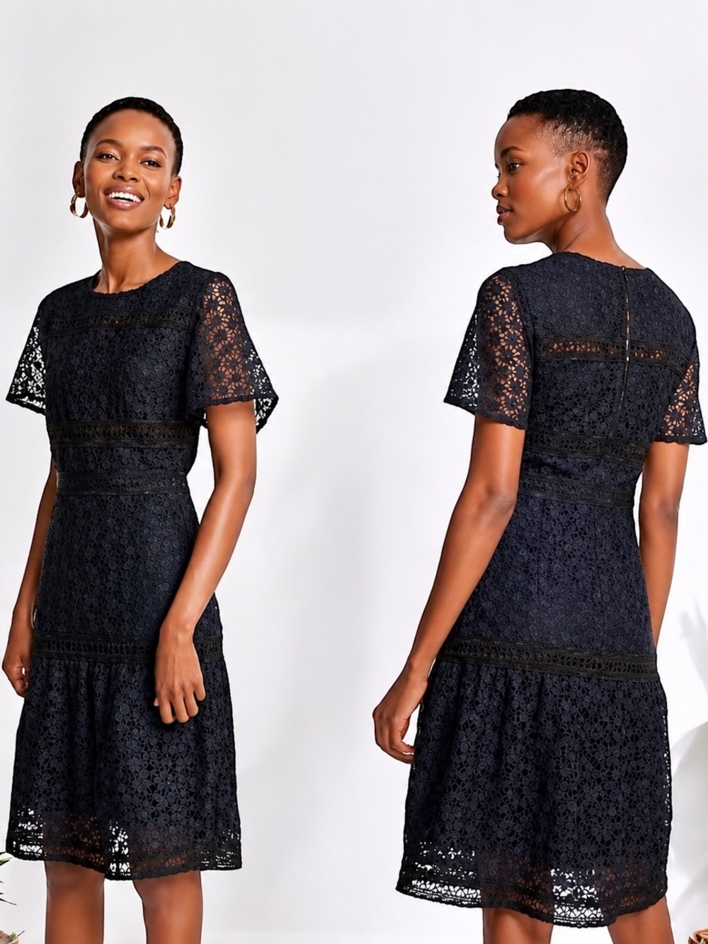 Ann Taylor Lave Overlay Navy Blue and Black Dress. Short sleeves. Back zipper.